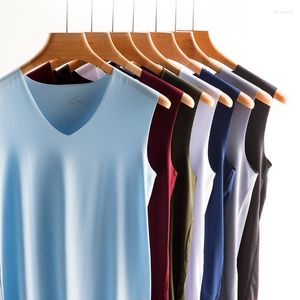 Camisetas sin mangas para hombre, Camisetas cortas de seda sin costuras, chaleco holgado sin mangas para hombre, mono deportivo de Color liso, informal, de algodón para verano