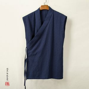 Hommes Débardeurs Chinois Traditionnel Hanfu Gilet Hommes Lin Coton Sans Manches Slit Top Tang Costume Kimono Cardigan Homme Chemises À Point Ouvert 230711
