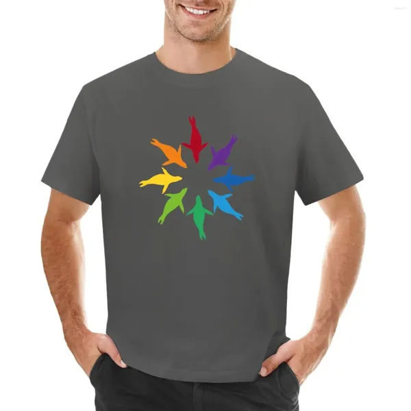 Camisetas sin mangas para hombre Color: Camiseta con molinete de arcoíris y león marino, ropa estética, gráficos, estampado de animales, camisetas divertidas para niños de tallas grandes