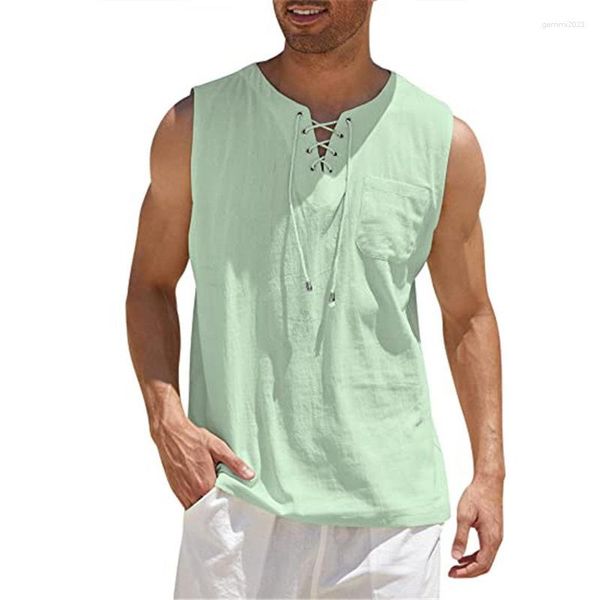 Camisetas sin mangas para hombre, chaleco de lino y algodón para hombre, chaleco de verano de Color sólido con cuello redondo, camiseta informal estilo playero sin mangas, camiseta interior de talla grande