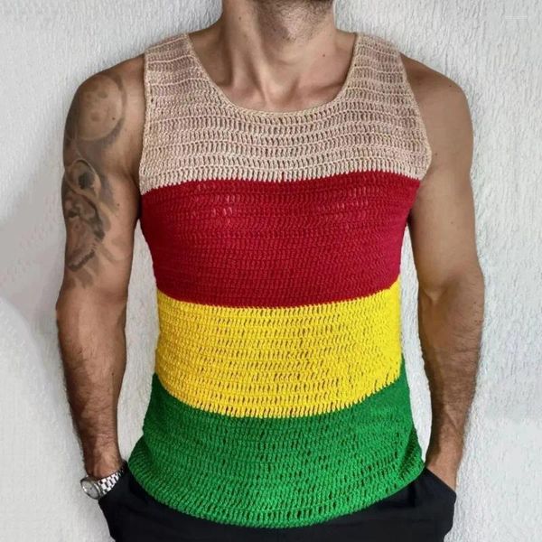 Tobarbac pour hommes Top au crochet avec bandes colorées Couleur Couleur épais pull en tricot pull sans manches