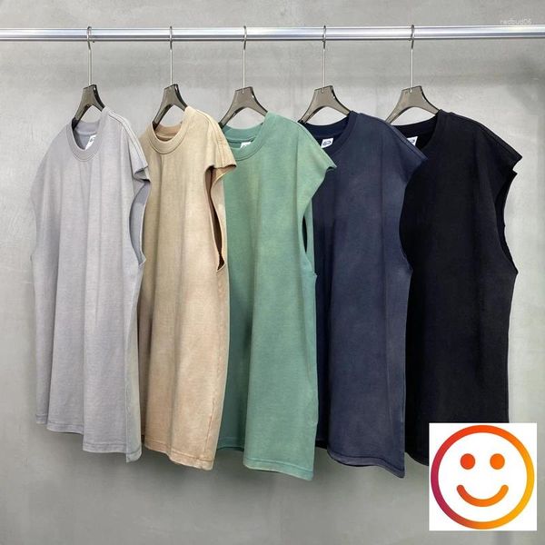 Camisetas sin mangas para hombre, camiseta sin mangas cortada con tinte en aerosol, camisetas holgadas Retro lavadas para hombre, chaleco de algodón informal de verano de manga corta