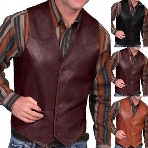 Camisetas sin mangas para hombres Chaleco de negocios europeo con cuello en V Chaleco sin mangas occidental de un solo pecho para hombres para montar a caballo Chaqueta de cuero para motorista