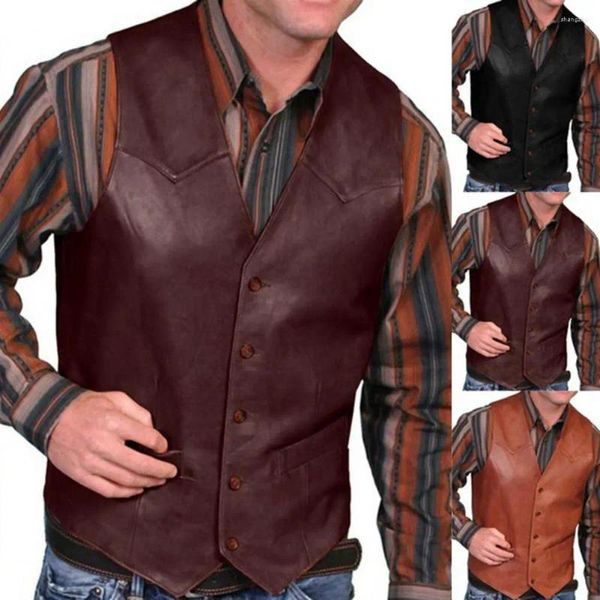 Débardeurs pour hommes Tops d'affaires européens Gilet col en V à simple boutonnage Western sans manches hommes gilet pour équitation Biker veste en cuir