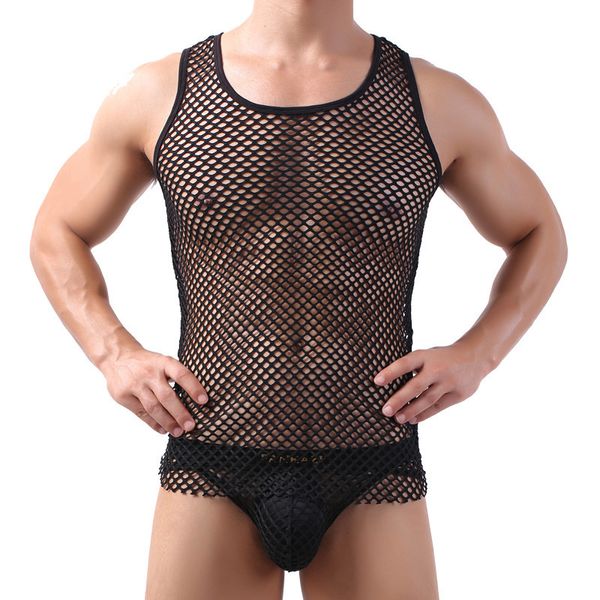 Hommes Débardeurs Mode Respirant Sexy Noir Blanc Résille Transparent Gilet Net Maille Gay SeeThru Lounge Drôle Chemise Maillot 230630