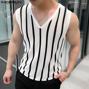 Tobs de débardeur pour hommes Fashion Casual Style Incerun Mens V-Neck Perspective rayée Gilet Streetwear Male Sexy Souples S-5XL 2024