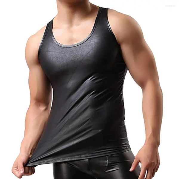 Débardeurs pour hommes mode homme Faux cuir maillot de corps gilet sans manches T-Shirt haut court solide noir T-Shirt pour hommes vêtements