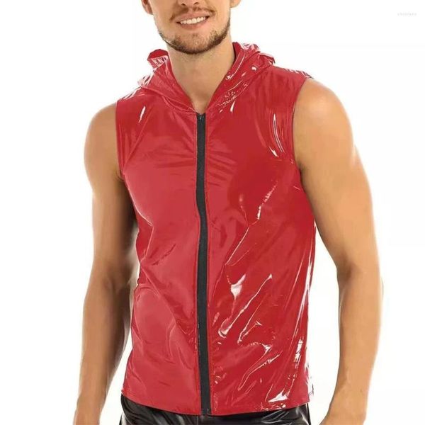 Débardeurs pour hommes Mode Homme Wet Look Faux Cuir Gilet à capuche T-shirts sans manches Zip-up Solide Noir Rouge Gilets T-shirt pour hommes Vêtements