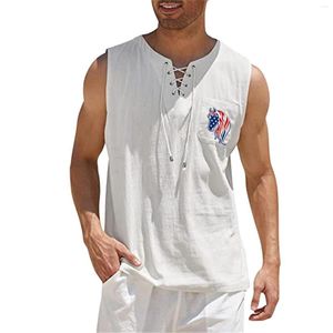 Hommes débardeurs mode hommes Summe coton lin décontracté sans manches lâche à lacets col en v rayé étoile t-shirts chemises homme Streetwear