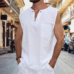Hommes débardeurs mode hommes Summe coton lin décontracté sans manches chemise ample à lacets col en v poche t-shirts chemises homme Streetwear