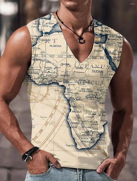 Camisetas sin mangas para hombre, camiseta sin mangas con estampado 3D de ruta de mapa de verano a la moda, camiseta de marinero de manga corta con cuello en V de gran tamaño, Top