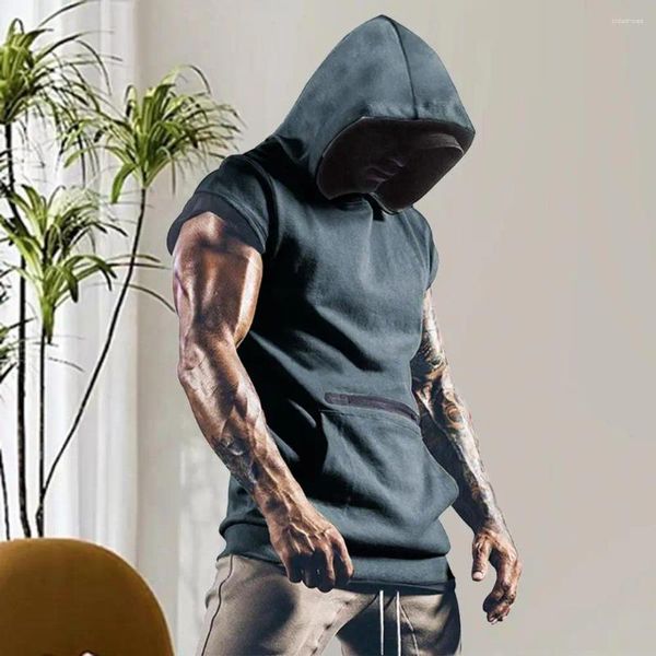 Camisetas sin mangas para hombre, chaleco de moda, Top fino para hombre, culturismo, sin mangas, con capucha, bolsillo frontal, sudadera de secado rápido, ropa deportiva