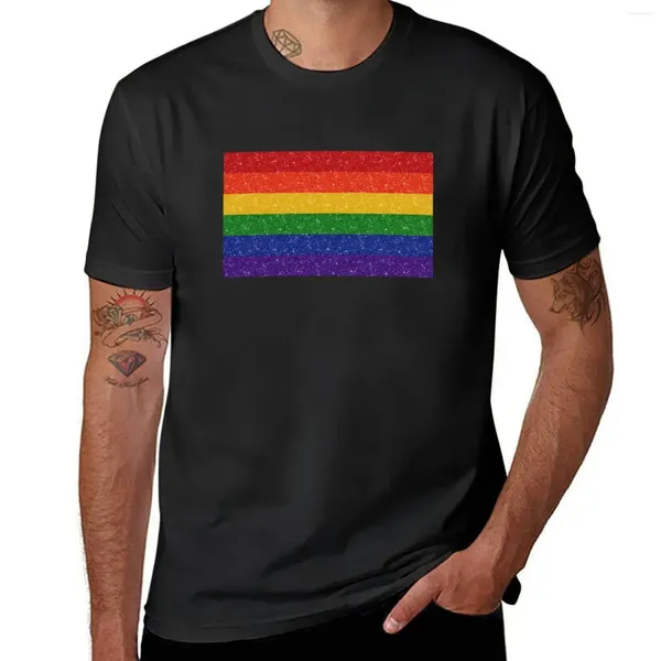 Camisetas para hombres Faux Faux Glitter LGBTQ Pride Rainbow Flag Fonding Camiseta Camisetas de peso pesado