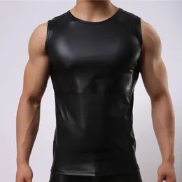 Débardeurs pour hommes Faux PU cuir noir Gym Sports Fitness façonnage serré Singlet gilet couleur unie sans manches T-shirt sous-vêtements