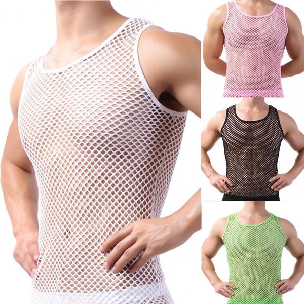 Regatas masculinas arrastão masculinas sexy mesh tops transparentes para dormir cuecas masculinas colete de cor pura sem mangas tops cuecas masculinas 230615