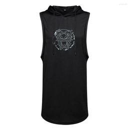 Camisetas sin mangas para hombre FMZXG, chaleco deportivo sin mangas, camiseta con capucha de largo medio, tendencia de moda, estampado de danza del león de estilo chino para hombres