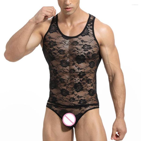 Hommes débardeurs Gay hommes pure dentelle sans manches T-shirts Sissy Transparent Floral gilet sous-vêtements Sexy homme voir à travers les maillots