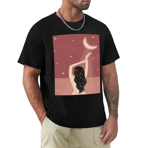 Débardeurs pour hommes Fille avec la lune à la plage | Oeuvre|| T-Shirt d'art rose vêtements esthétiques à manches courtes t-shirts noirs hommes graphique