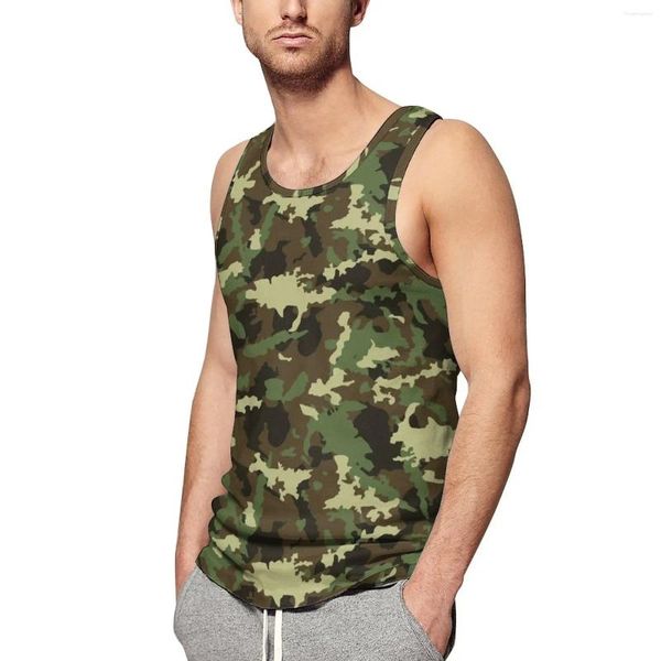 Camisetas sin mangas para hombres Camuflaje verde Chaleco para hombres Tanques con estampado completo Moda Ropa de calle militar Camiseta sin mangas con cuello redondo