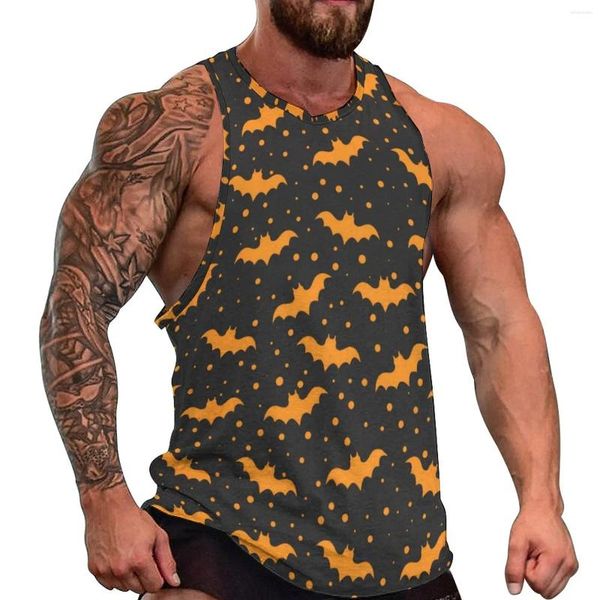 Camisetas sin mangas para hombre, Top de murciélago de Halloween para hombre, estampado de puntos anaranjados, patrón de entrenamiento de playa a la moda, camisas sin mangas de talla grande 4XL 5XL