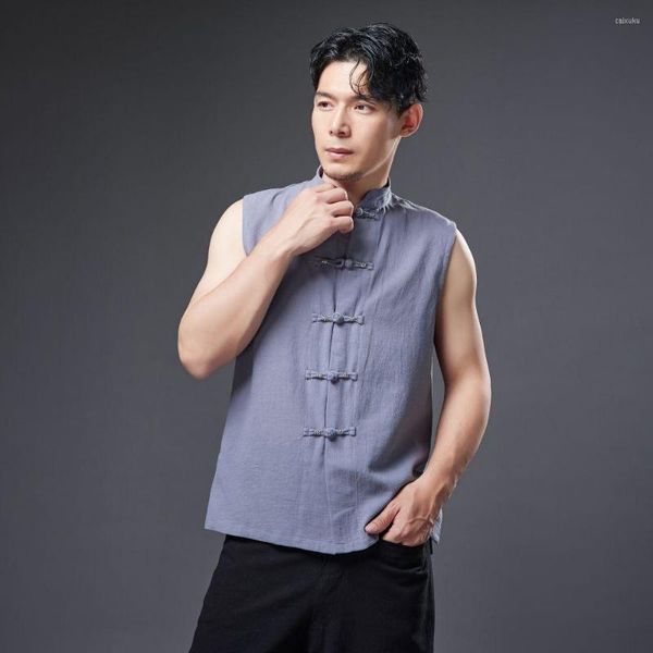 Camisetas sin mangas para hombre Hanfu, chaleco suelto sin mangas de lino y algodón para hombre, cárdigan con cuello levantado, traje Tang, Top de estilo chino para hombre