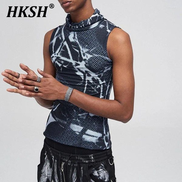 Tobs de débardeur masculine HKSH American High Street Hip Hop Drill Elastic Mask Full Print Screen Collar sans manches Summer HK0806