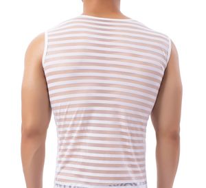 Camisetas sin mangas para hombres Chaleco con tiras horizontales Transpirable para hombres Carácter transparente Nylon elástico Moda Tiras horizontales Chaleco de cuello redondo con espalda estrecha