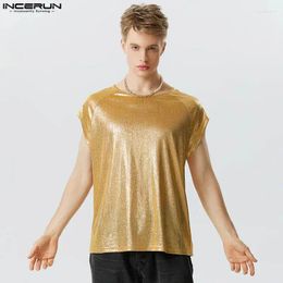 Débardeurs pour hommes Incerun 2024 Style américain Hommes sans manches Solide All-Match Tissu Glitter Chemises Casual Mâle Samrt Shining Blouse S-5XL