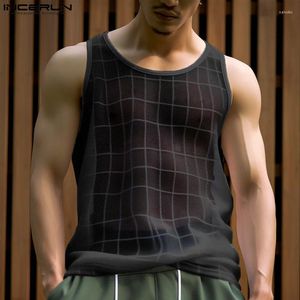 Herentanktops Incerun 2024 American Style Fashion Checked Mesh Personality Design Vesten Casual Party Show O-Neck S-2XL