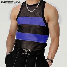 Men's Tank Tops Incerun 2024 Corea Mens Mesh Mesh Contrast Color Patchwork Sexy Fashion Perspective Fin-Singlevess Chalss S-5XL