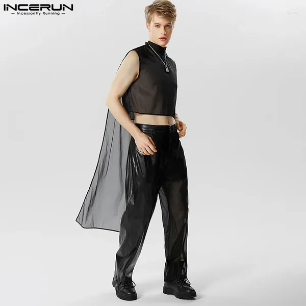 Topas de tanques para hombres Incerun Men malla transparente stand sólido collar sin mangas cape chalecos irregulares streetwear 2023 cosecha de moda