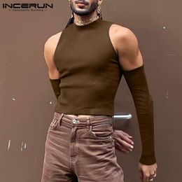 Hommes Débardeurs INCERUN Hommes T-shirt Couleur Unie Col Roulé À Manches Longues Hors Épaule Casual Camisetas 2023 Évider Streetwear Sexy Crop 230711