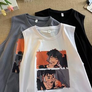 Camisetas sin mangas para hombres Camiseta sin mangas de algodón de estilo japonés Harajuku Anime Gráfico de dibujos animados para hombres Chaleco blanco negro Verano Streetwear Top 230424
