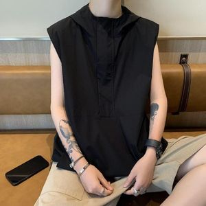 Hommes Débardeurs Mode Coréenne T-shirts Avec Capuche Noir Lâche Blouse Pour Les Jeunes À La Mode Streetwear Élégant Gilet Pull D'été Hommes