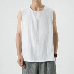Tops de débardeur masculin en lin Men d'été Vintage Fashion lâche décontracté t-shirts légers chinois T-shirt sans manches de style chinois