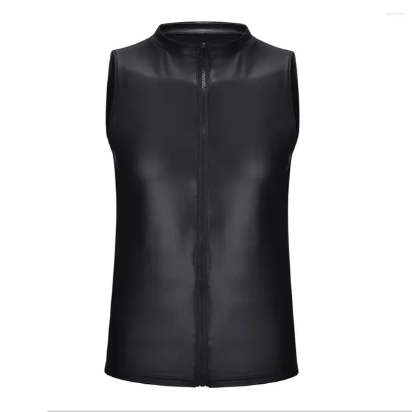 Camisetas sin mangas para hombres Hombre Chalecos masculinos Leathe M-2XL Mens Nightclub PU Traje Vintage Faux Leather Party Sexy Shiny Spandex Stage