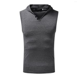 Men tanktops heren mode casual knop capuchoned ademende mouwloos elastische dicht passend body-building vest eenvoudige dagelijkse vest