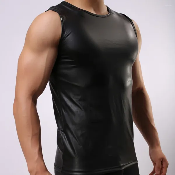 Débardeurs pour hommes Hommes Faux Cuir Col Rond Top Wet Look Tight Vest Sous-vêtements Sexy Noir Slim Shaping Gym Sports T-shirt sans manches