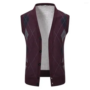 Débardeurs pour hommes Hommes Polaire Gilet Business Élégant Tricoté Chaud Coloré Losange Imprimer V Poches À Col Pour L'automne Hiver