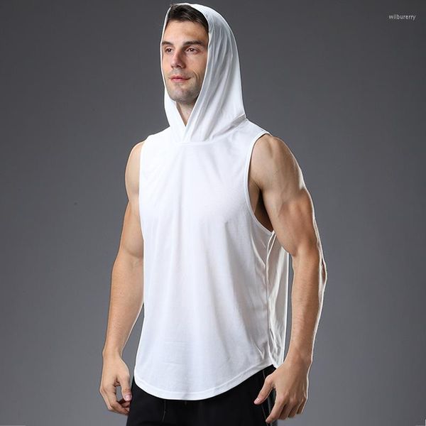 Hommes débardeurs hommes Gym haut à capuche sans manches noir blanc respirant maille chemises été homme vêtements musculation