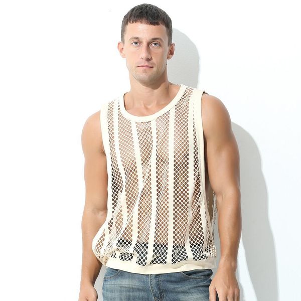 Débardeurs pour hommes Hommes Mesh sans manches Oneck Voir à travers les gilets Side Split Sexy Vêtements Tee Streetwear Sports Fitness Singlets 230630