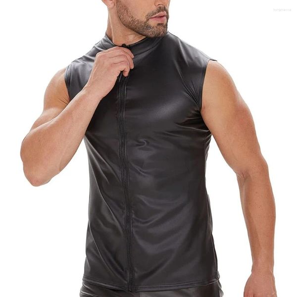 Camisetas sin mangas para hombres Hombres Night Clubwear Top de cuero Camisetas sin mangas suaves Hombre Cremallera completa Shaping Gym Fitness Chaleco Chalecos deportivos delgados