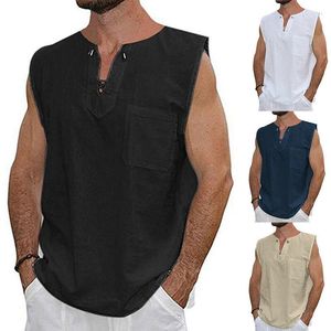 Heren tanktops mannen gewoon vast katoenen linnen blend casual vest zomer basic normale fit front tie -up