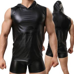 Heren tanktops Heren sexy fetish kunstleer vest met capuchon en boxer mannelijk zwart ondergoed erotische hemdjes lingerie clubwear325q