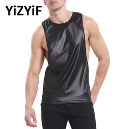 Hommes Débardeurs Hommes Sexy Sans Manches Faux Cuir Gilet Gym Débardeur Mode Découpé Pull T-shirt Tops Élastique Clubwear Dance Party Costume 230706