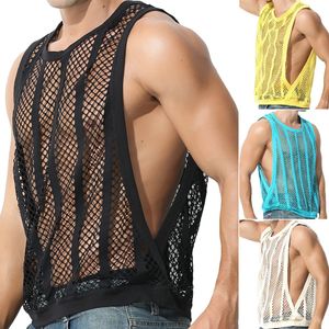 Hommes débardeurs hommes sans manches sous-vêtements Sexy maille pure creux gilet voir à travers résille t-shirt Muscle Tee Singlet 230506