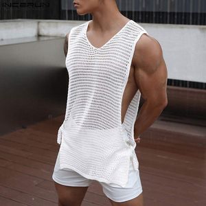 Hommes Débardeurs Hommes Débardeurs Maille Couleur Unie Col En V Sans Manches Transparent Mâle Gilets À Lacets Sexy D'été Streetwear Tops S-5XL INCERUN 230721