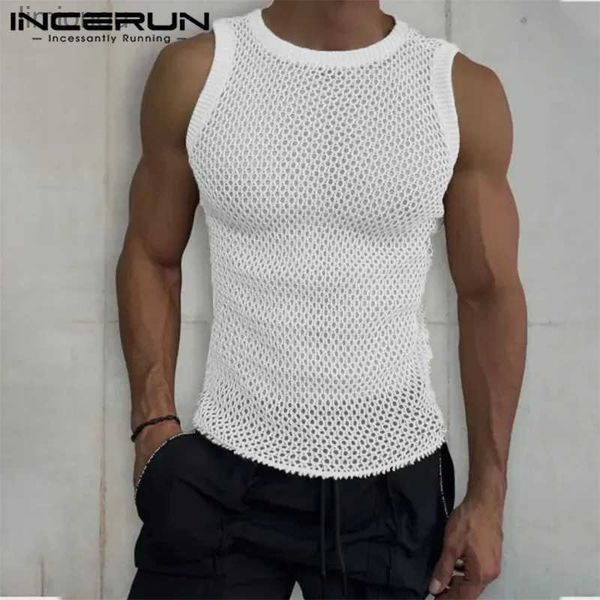 Camisetas sin mangas para hombre, camisetas sin mangas para hombre, camisetas sin mangas de malla sólidas transparentes sexis con cuello redondo, ropa de calle para Fitness, chalecos sin mangas, ropa de verano a la moda para hombre S-5XLL240124