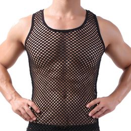 Herentanktops mannen Vest Underhirt Gay Clothing Nylon Mesh Shirt Zie door pure lange mouwen T S Sexy transparant ondergoed 230510
