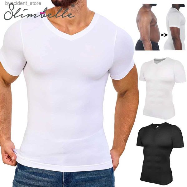 Camisetas sin mangas para hombre Body Shaper Compresión Camisetas sin mangas Con cuello en V Manga corta Camiseta interior adelgazante Entrenamiento Abs Abdomen Control de barriga Fajas L240319